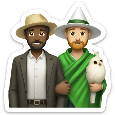 A single Guy with a green blanket, a white barbe with a butterfly catcher and a white cone-shaped hat sticker