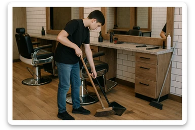 sartaroshxonani tozalayotgan o'smirin bola juda  yosh ham emas katta ham supir sudir qilaytgani narsalarni tozalayotgani yuzi ko'rinmasin
 sticker