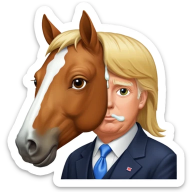 Donald trump with white liquid around his lips with a horse sticker