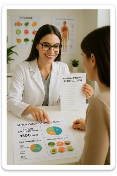 a nutritionist sits at a desk with a client, showing a personalized meal plan and a chart that clearly displays the client’s specific daily caloric deficit. The nutritionist points to the chart, which includes recommended calories, macronutrient breakdown, and healthy food options. The mood is professional, supportive, and educational. scritte in italiano sticker