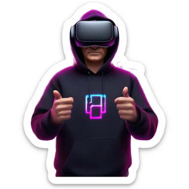 Putin wearing a black hoodie with "OMG" letters on it and VR headset oculus quest 2 in a cyberpunk VR environment with violet neon lighting. sticker