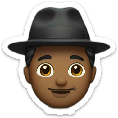 White Man with black hair, strip blue flowered shirt, brown hat, setting on a bench, next to a lake sticker