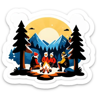Drei Personen, Lagerfeuer in schneebedeckten Wald mit Nordlichtern am Himmel sticker