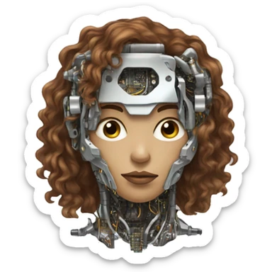 female cyborg head with metallic plated face, long brown curly hair and circuitry sticker