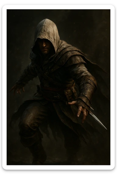 assassin's creed character in a dynamic pose, hooded, with hidden blade, detailed, moody style sticker
