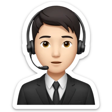 A young Asian man with smooth light skin, dark hair that swoops upward in the front, expressive eyes, a clean-shaven face, and a call-center style headset over one ear, usually paired with a crisp shirt and suit jacket visible from the chest up. sticker