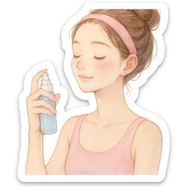 girl using face mist, gentle expression, soft pastel colors, beauty theme, skincare sticker