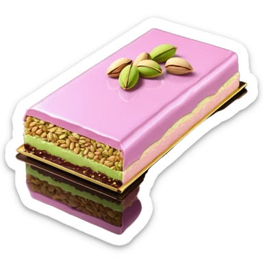 chocolate partially wrapped in elegant pastel pink foil, the top half broken to reveal rich pistachio cream and crispy kataifi strands inside, glossy chocolate surface, detailed texture sticker