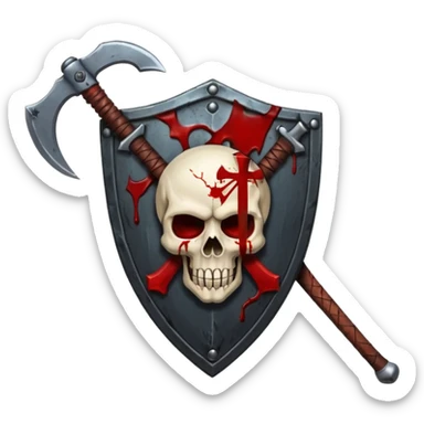 Dark horror shield badge, skull, blood stains, crossed bloody dagger and axe, gothic style, no background sticker