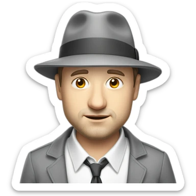 tim robinson wearing a grey fedora with a grey flap on the back white shirt looking sad sticker
