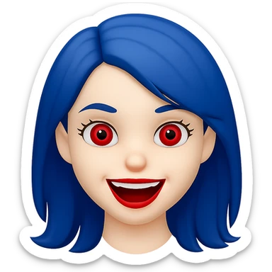 Change hair color to blue, keep white girl with red eyes, cute but scary face laughing, in emoji style similar to apple style emojis, concise prompt. sticker
