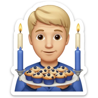 It is my friend virginias birthday. Create emoji with me saying happy birthday Virginia while holding blueberry muffins with candles in them! I am a white man make the emoji with dirty blonde hair  sticker