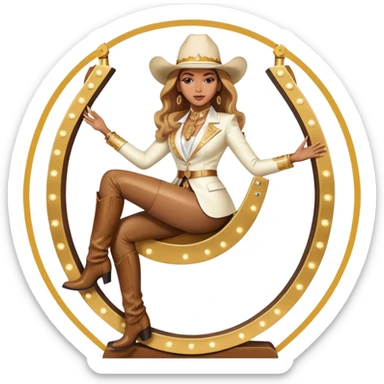 Beyonce sitting with gold and white cowboy suit and hat sitting on giant light up horseshoe sticker