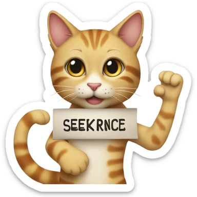 A cute cat holding a sign above its head that says "Seeker Alliance." sticker