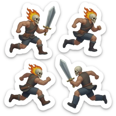 A sprite sheet of a man with a burning skull head and a large sword running, show all 4 stages of him running with no back ground, show the 4 stages of him running in a row, with changing arm and leg positions for each stage of running sticker