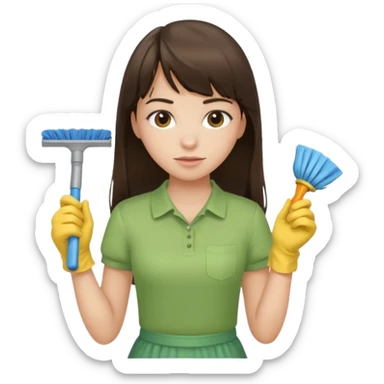 girl brunette with bangs long hair cleaning light green shirt sticker