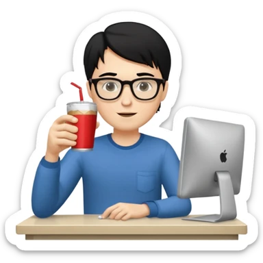 Hombre blanco con gafas, pelo negro tomando un refresco frente a un ordenador con ropa de sport, se ve en la pantalla del ordenador una mujer rubia tomando café sticker