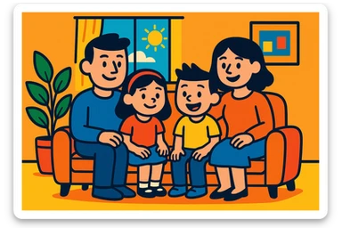 a family of four in a cozy living room, cartoon style, vibrant colors sticker