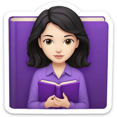 Long Hair Women, with Black dark wavy hair, with purple Book, beige shir, without background sticker