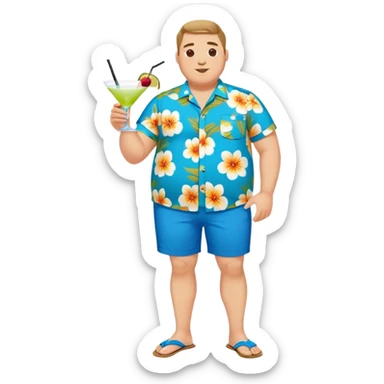 chubby guy full figure in a flowered azure havai shirt, brown shorts and flippers holding a cocktail sticker