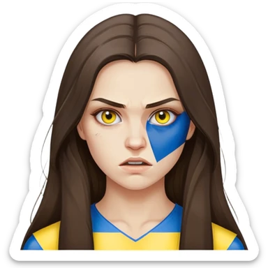 Brunette woman with long hair, Ukrainian flag (blue and yellow) painted on her cheek, angry expression sticker