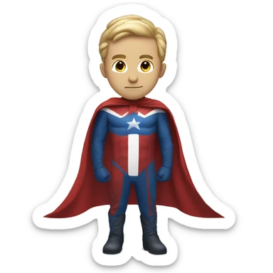 Emoji of Homelander from ‘The Boys’ series. USA flag-inspired costume with cape (red, blue, white). Confident, slightly menacing expression. sticker