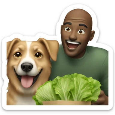 Man laughing while holding lettuce next to his dog sticker