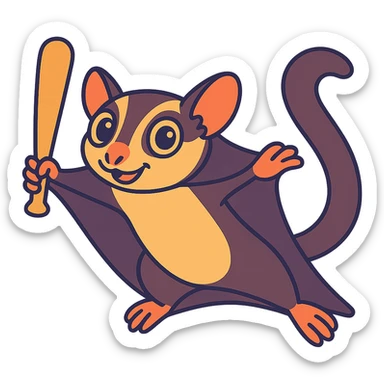 Add a baseball bat to the sugar glider and depict it gliding through the air. Maintain the original style and keep the background transparent. sticker
