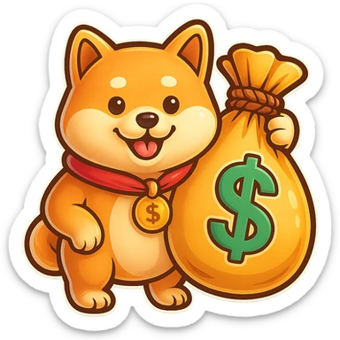 Make the bag of money much bigger while keeping the Shiba Inu and the retro stickers style the same, with no background. sticker