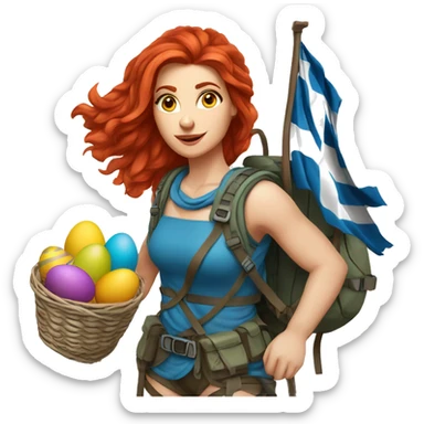 Greek Female winter mountaineer red hair white skin climbing with Greek Flag and Easter eggs basket sticker
