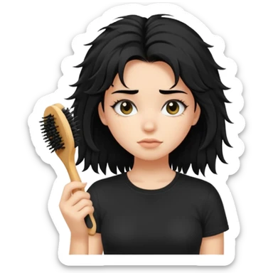 a pretty bratz fair girl with messy shaggy black hair with mascara smudged wearing a tight black tee with a hair brush stuck in hair sticker