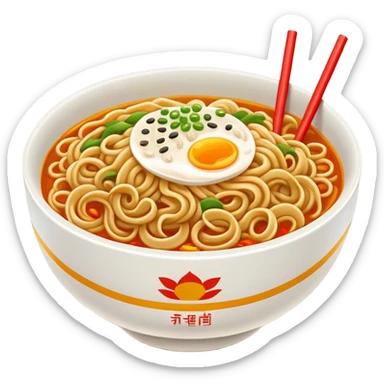 Wuhan hot dry noodles with sesame paste breakfast bowl, simplified emoji style with bold outlines and bright colors, cartoon style Hubei morning Re Gan Mian sticker