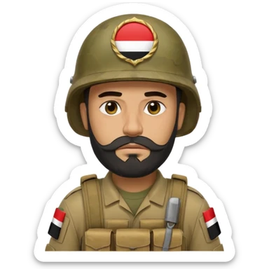 A very tired and sad, swarthy Iraqi soldier with a beard, an Iraqi flag on his helmet, a sad expression and bags under his eyes sticker