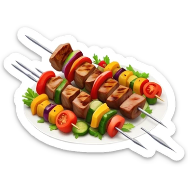 Cinematic Realistic Shish Kebab Dish Emoji, showcasing skewered, grilled meat with vibrant vegetables rendered with dynamic textures and warm, inviting lighting. sticker
