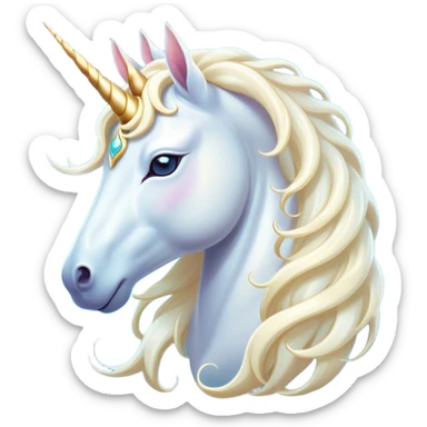 Beautiful and Majestic White Unicorn Portrait Emoji, Head and body exuding serene brilliance with a luminous, flowing mane and a gracefully spiraled horn, eyes gently closed in peaceful reverie, Simplified yet exquisitely enchanting features, highly detailed, glowing with a soft, celestial light, high shine, serene and utterly majestic, stylized with an air of timeless fantasy, soft glowing outline, capturing the essence of a beautiful and majestic white unicorn that embodies the pure magic of legend! sticker