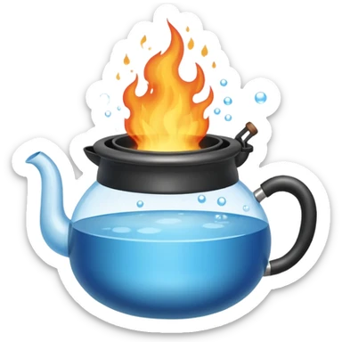 a small pot or kettle filled with water placed on fire, the water is boiling intensely with visible steam and bubbles rising, bright lighting, clean white background



 sticker