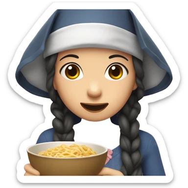 Girl eating buldak noodles with a bonnet on sticker