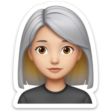 My emoji is fin and have the straight hair and her hair is  light gray hair and her  is dark gray eyes this a girl. She is Eurasian origin sticker