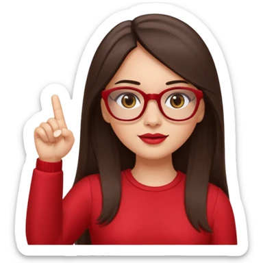brown-eyed brunette with long straight hair, wearing glasses, with slightly plump lips, pointing with her right hand and finger up to the left, wearing a red dress, hyperrealistic sticker
