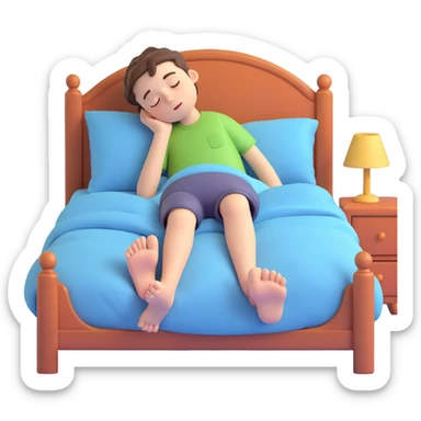 cartoon boy sleeping in bed with his feet poking out, cute and whimsical sticker