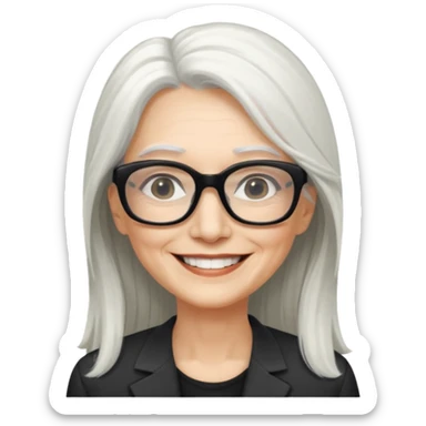 femme 60ans  avec de long cheveux blanc et des lunettes rectangles noir sourrir sticker