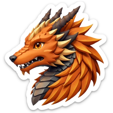 Majestic wolf-like dragon with red sandstone scales and layered plates resembling canyon rock formations. Crystallized mineral mane with copper and gold hues runs down its neck and back. Obsidian claws, amber eyes, and a tail of stone spires. Pokémon style. orange-ish brown fur/scales. sticker