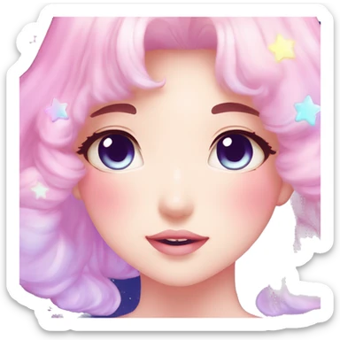 Gorgeous pastel anime style lady blushing nebula gradient sparkle face dreamy idol model colorful shiny stars galaxy kawaii cottagecore pearly petite simplistic aesthetic trending style sticker