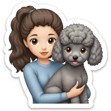 A girl with a brown ponytail holding a grey poodle sticker