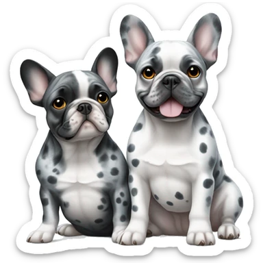 2 French bulldogs sitting next to each other one is blue color and the other is grey spotted Merle  sticker