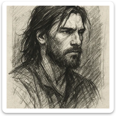 a man with dark long hair and a beard, hand-drawn sketch style sticker