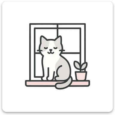 A pink and gray flat illustration of a cat sitting on a windowsill. sticker