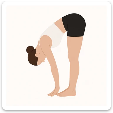 "Minimalist flat vector illustration of a woman doing yoga in forward fold pose (Uttanasana), wearing sportswear (white top and black shorts), brown hair in a bun, clean white background, no face details, elegant style" sticker