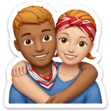 Two people hugging, brown guy with a buzzed cut and bandana, and a white woman with ginger hair sticker