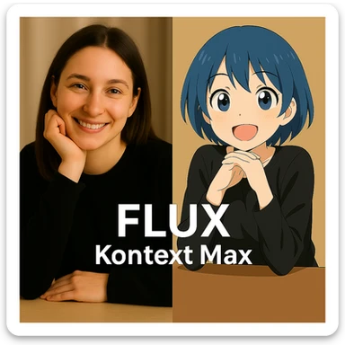 same similar image but chnage the text to "Flux Kontext Max", change people and pose too sticker